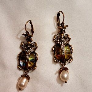 Antique-Inspired Beetle Drop Earrings with Pearl Accent - Iridescent Green